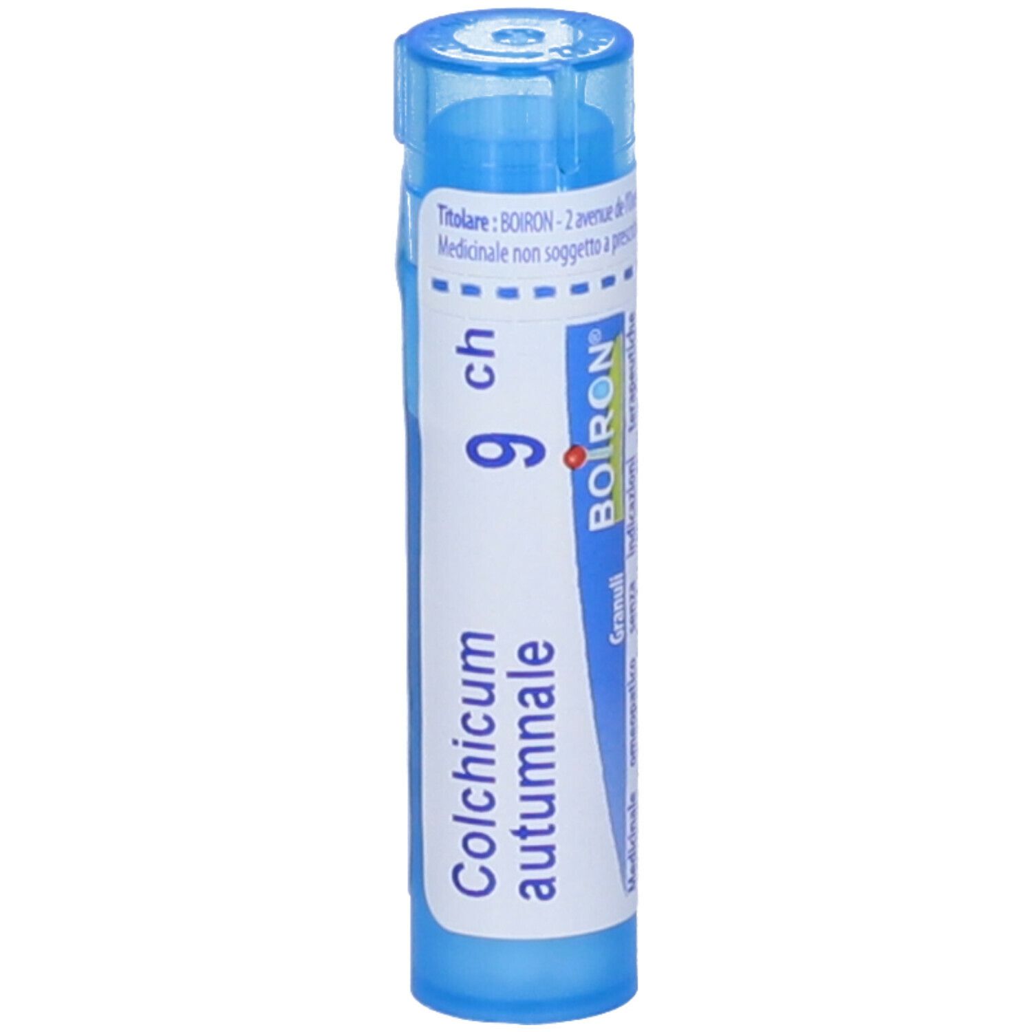 Confezione cilindrica blu con etichetta bianca. Contiene Colchicum autumnale 9 ch Granuli di Boiron.