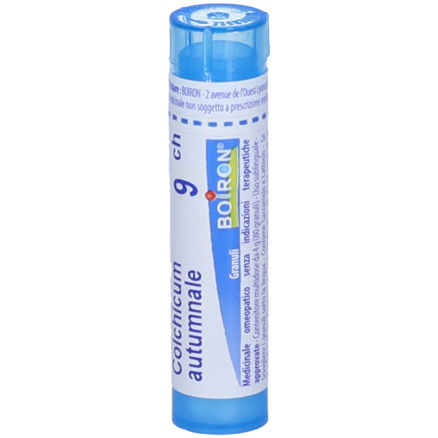 Confezione cilindrica blu con etichetta bianca. Contiene Colchicum autumnale 9 ch Granuli di Boiron.