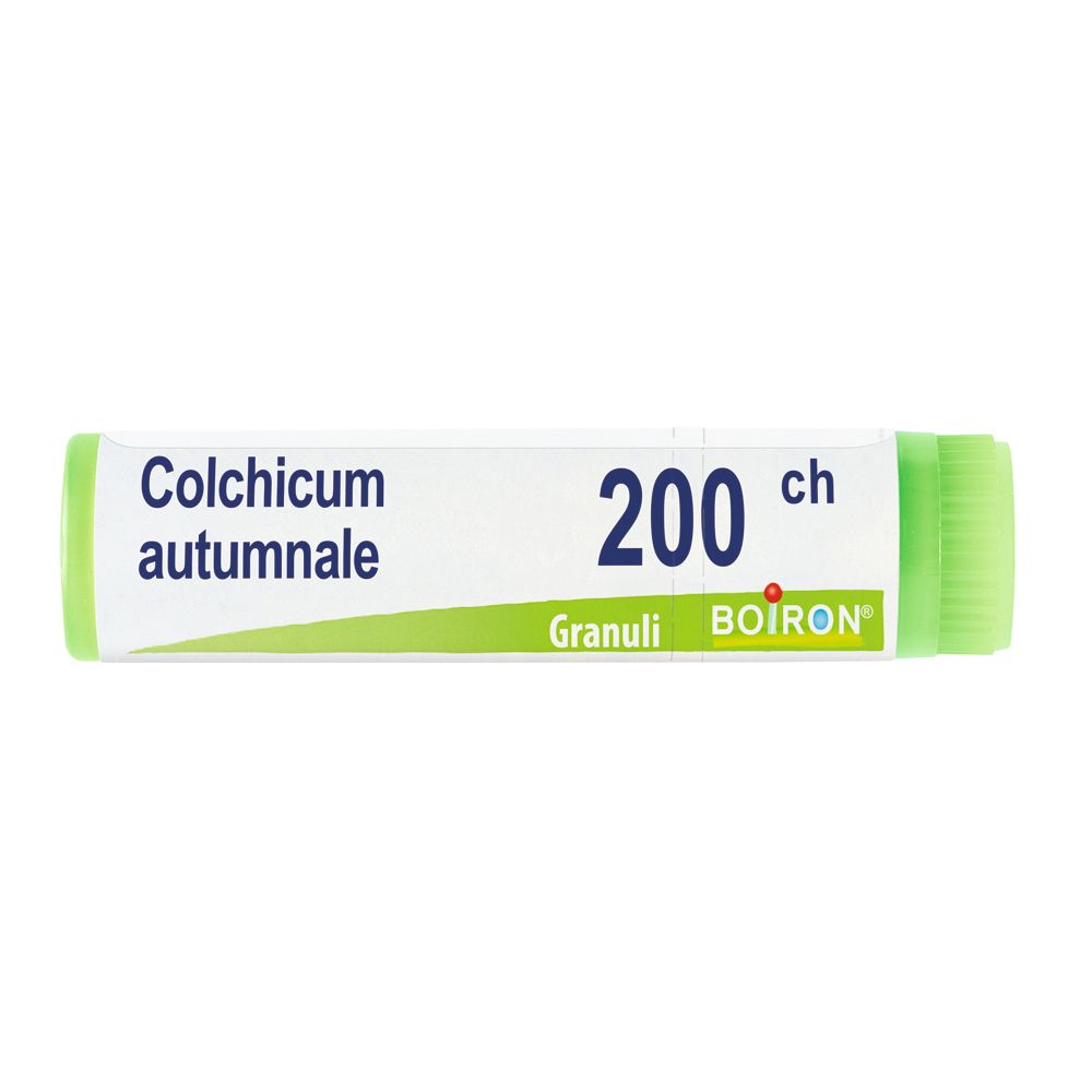 Confezione cilindrica con tappo verde. Scritta: Colchicum autumnale, 200 ch, BOIRON. Granuli.