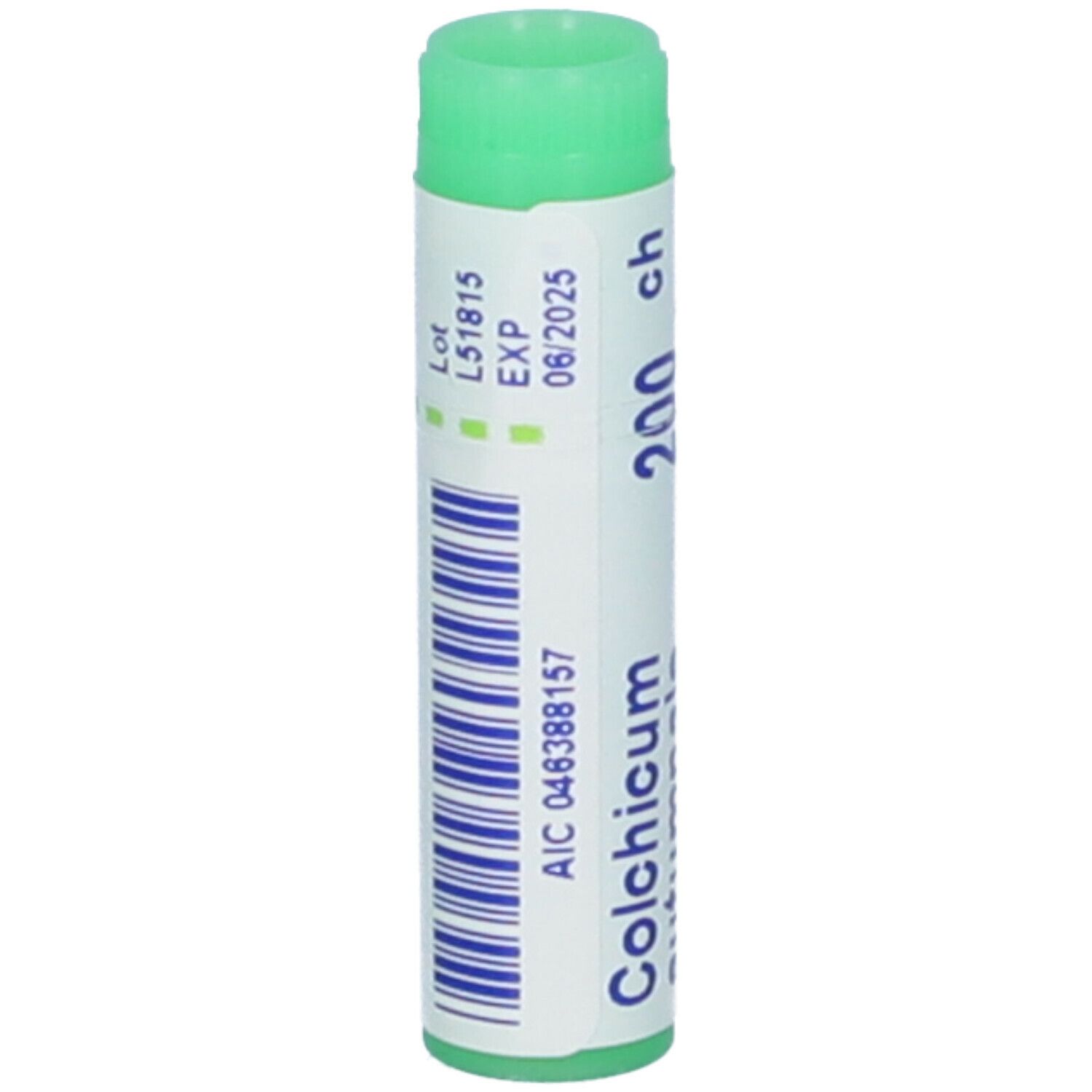 Tubo cilindrico con tappo verde. Scritta: Colchicum, 200 ch. Stampa: Lot, EXP, codice AIC.