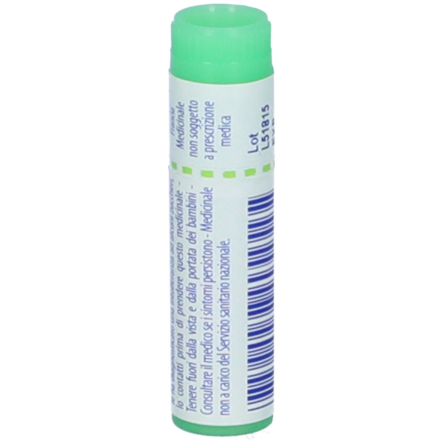 Tubo cilindrico con tappo verde. Scritta: Medicinale non soggetto a prescrizione medica. Lot.
