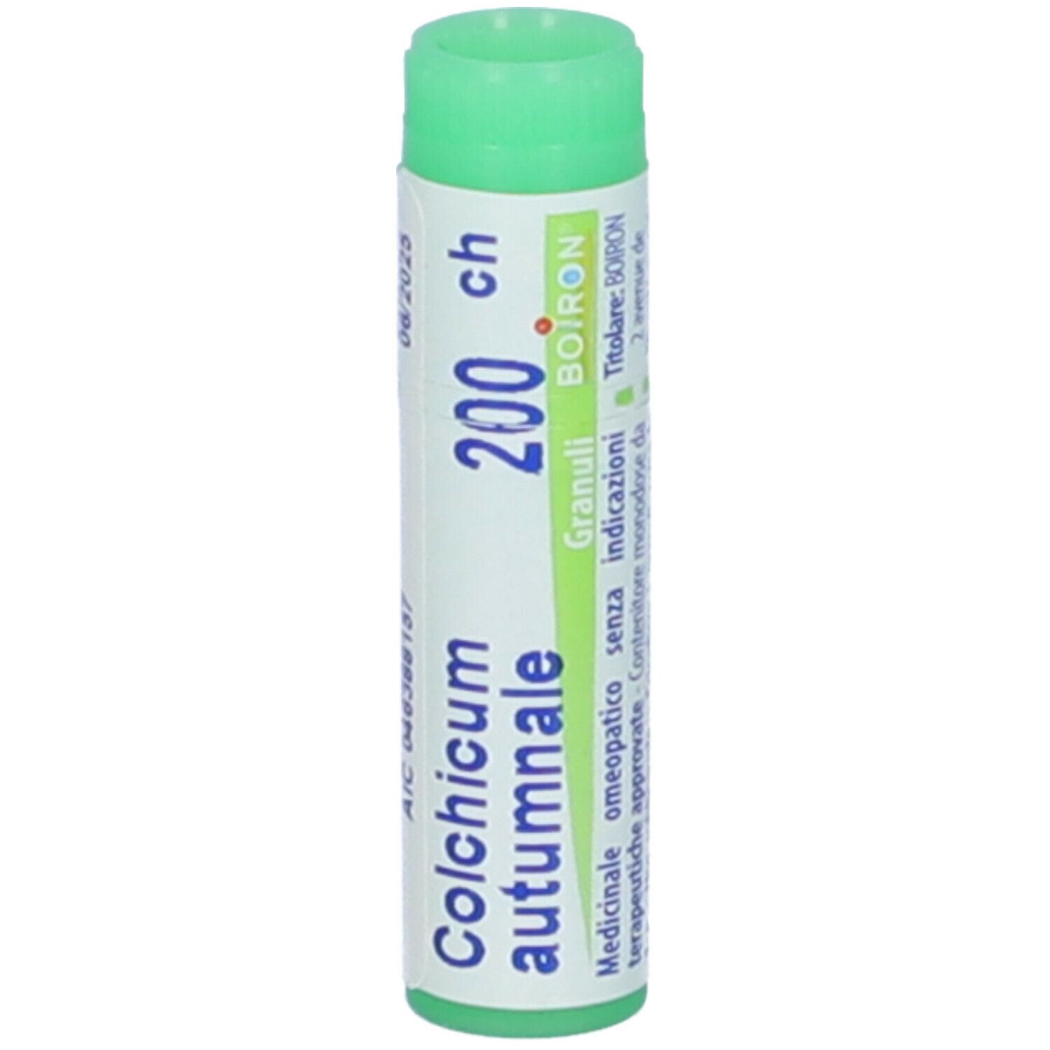 Tubo cilindrico con tappo verde. Scritta: Colchicum autumnale, 200 ch, BOIRON. Granuli.