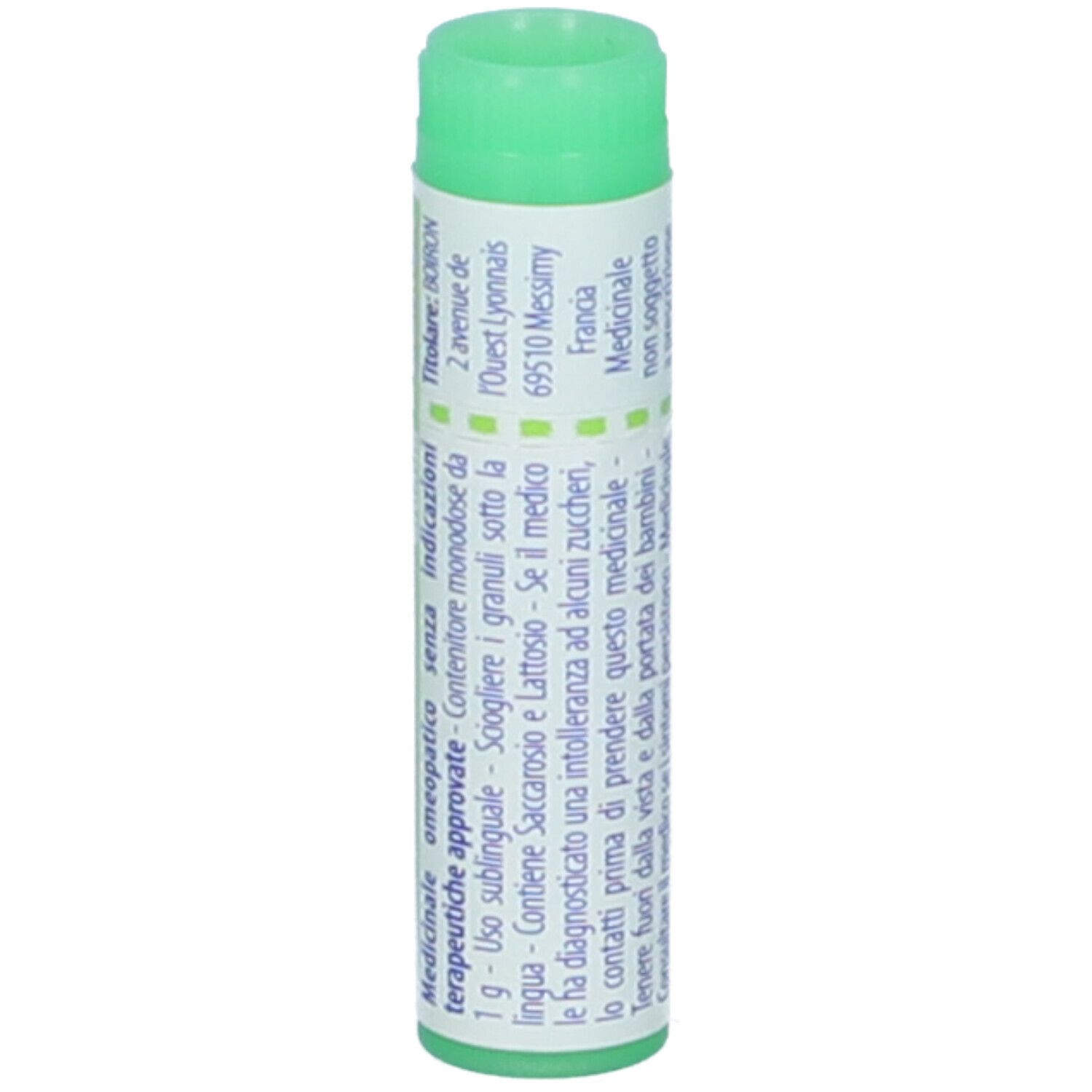 Tubo cilindrico con tappo verde. Scritta: Colchicum autumnale, 200 ch, BOIRON. Granuli.