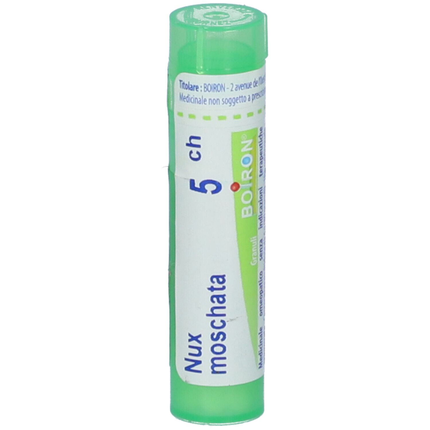 Confezione cilindrica, verde. Etichetta bianca con scritta: Nux moschata 5 CH, BOIRON. Tappo verde.