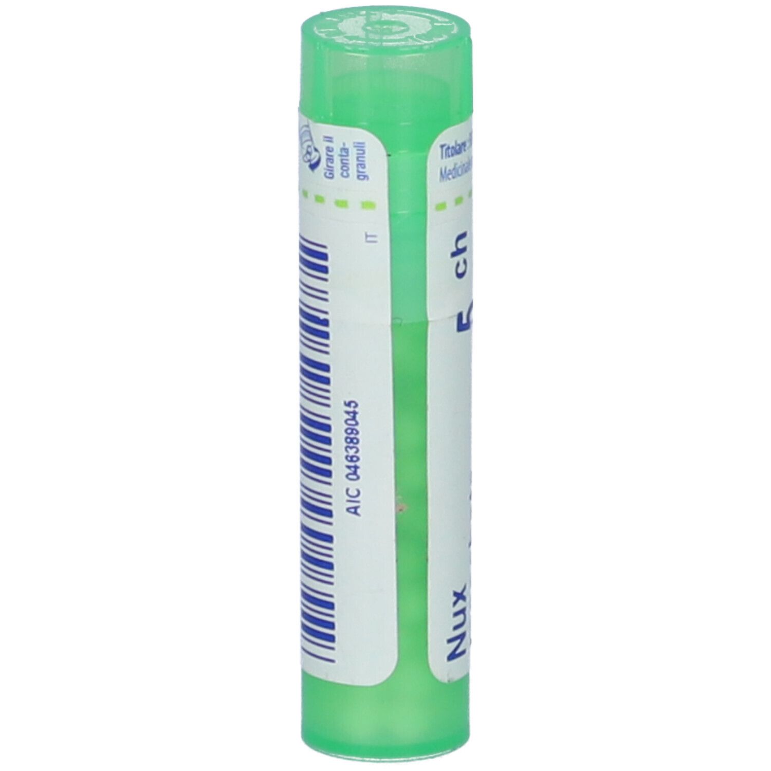 Confezione cilindrica verde con etichetta bianca e codice a barre blu. Scritta: Nux moschata 5 CH.