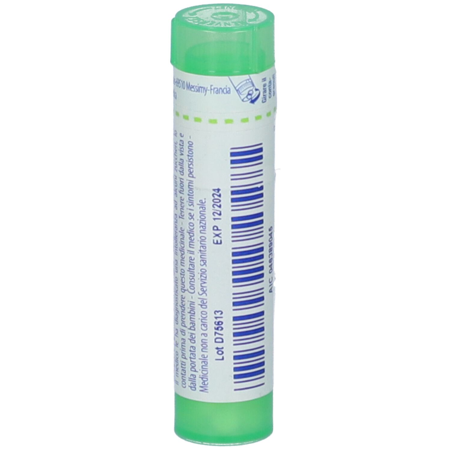 Confezione cilindrica verde. Etichetta bianca con testo e data di scadenza. Scritta: EXP 12/2024.
