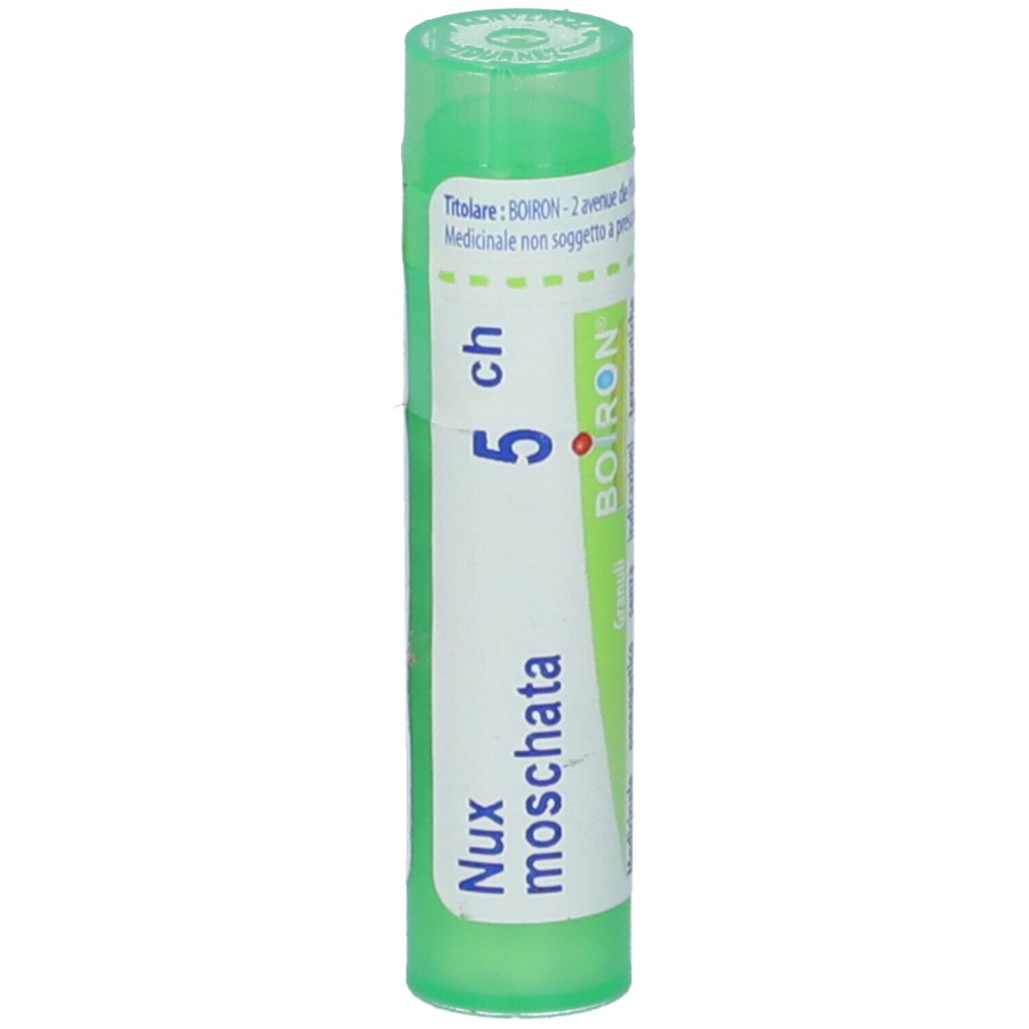 Confezione cilindrica, verde. Etichetta bianca con scritta: Nux moschata 5 CH, BOIRON. Tappo verde.