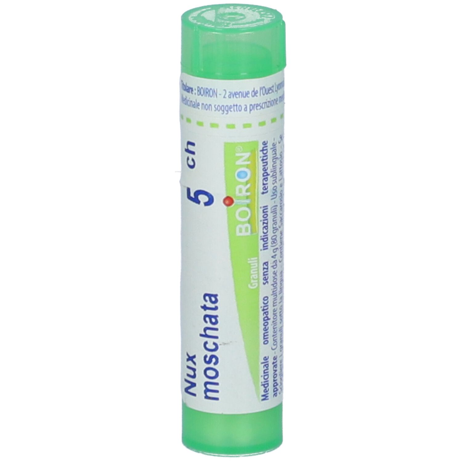 Confezione cilindrica verde con etichetta bianca. Scritta: Nux moschata 5 CH, BOIRON. Tappo verde.