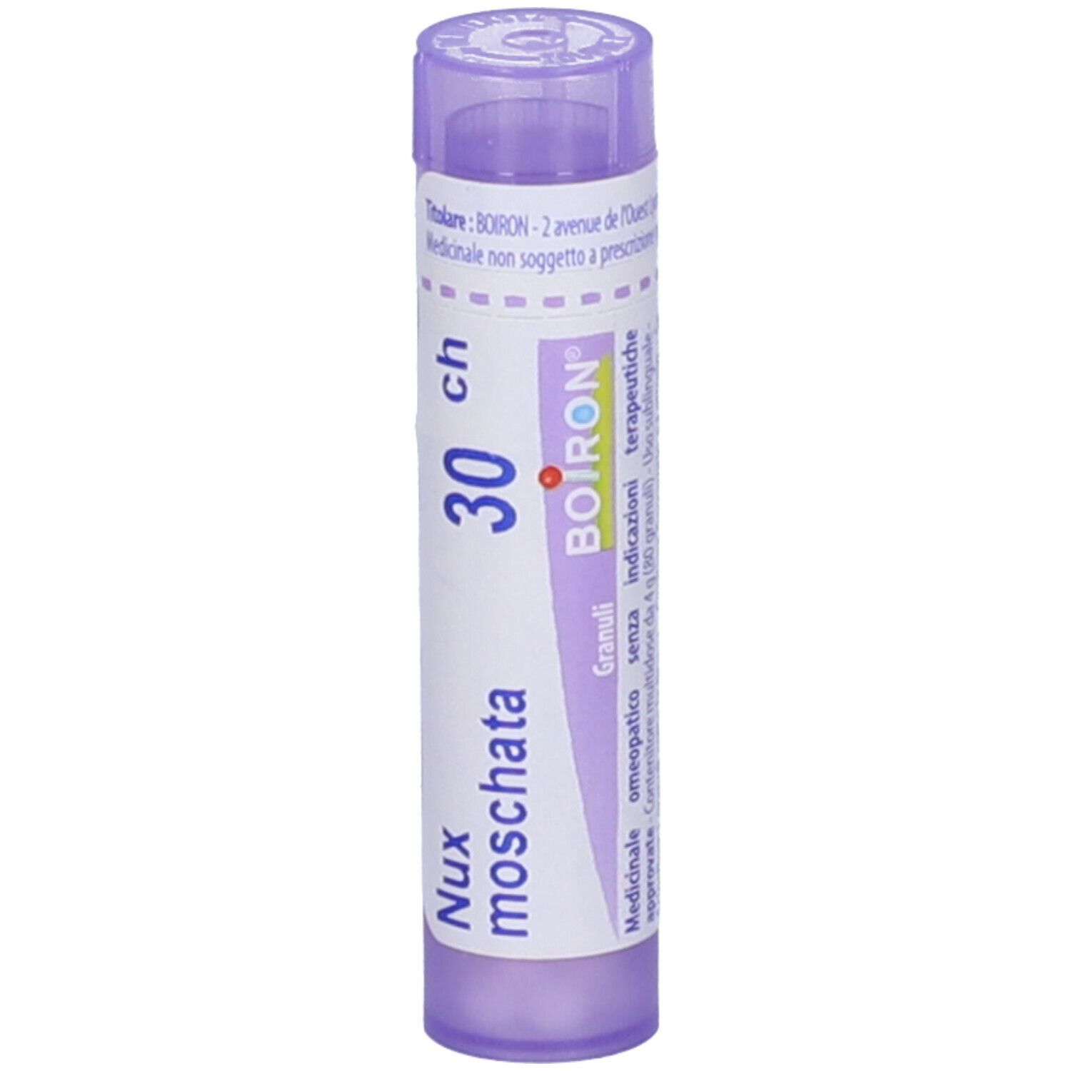 Confezione cilindrica con tappo viola. Scritta: Nux moschata 30 ch, BOIRON. Contiene granuli.