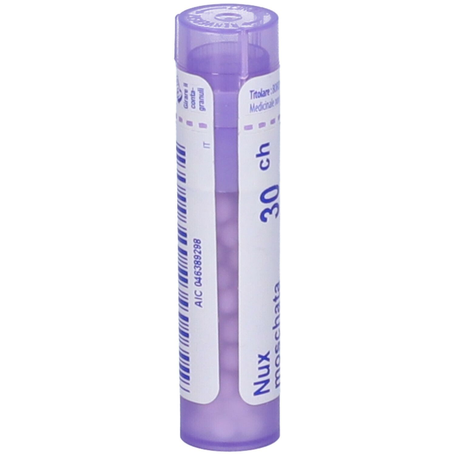 Confezione cilindrica con tappo viola. Scritta: Nux moschata 30 ch. Contiene granuli. Codice AIC.