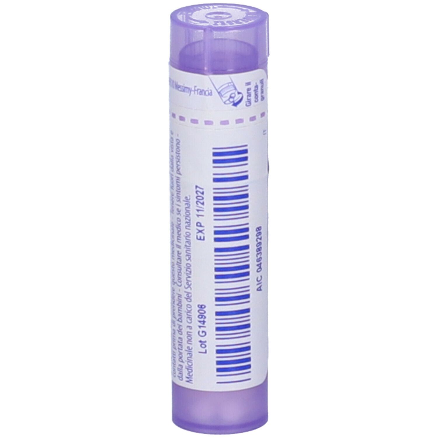 Confezione cilindrica con tappo viola. Scritta: EXP 11/2027. Lot G14906. Testo in italiano.