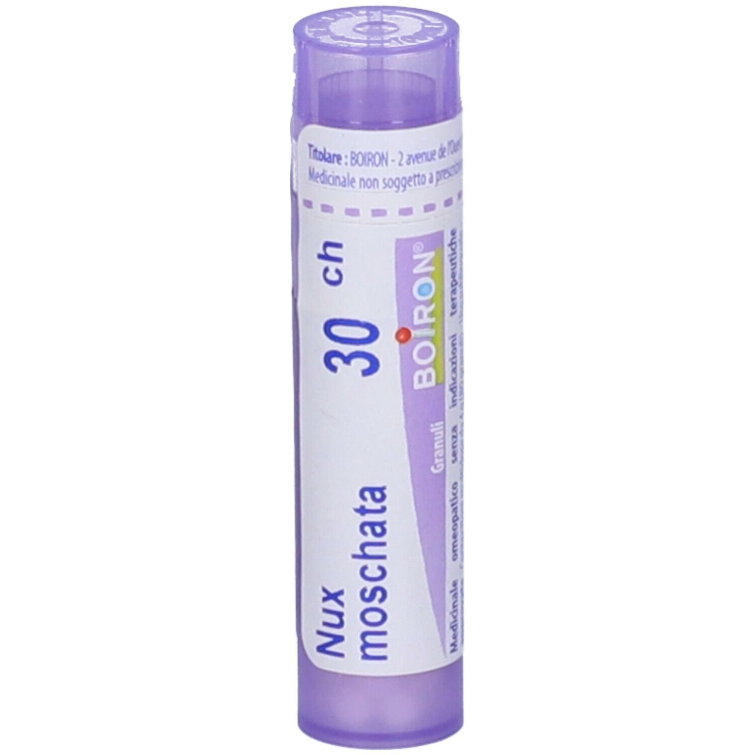 Confezione cilindrica con tappo viola. Scritta: Nux moschata 30 ch, BOIRON. Contiene granuli.