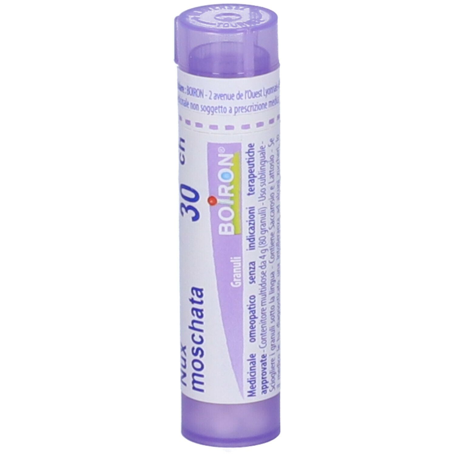 Confezione cilindrica con tappo viola. Scritta: Nux moschata 30 ch, BOIRON. Contiene granuli.