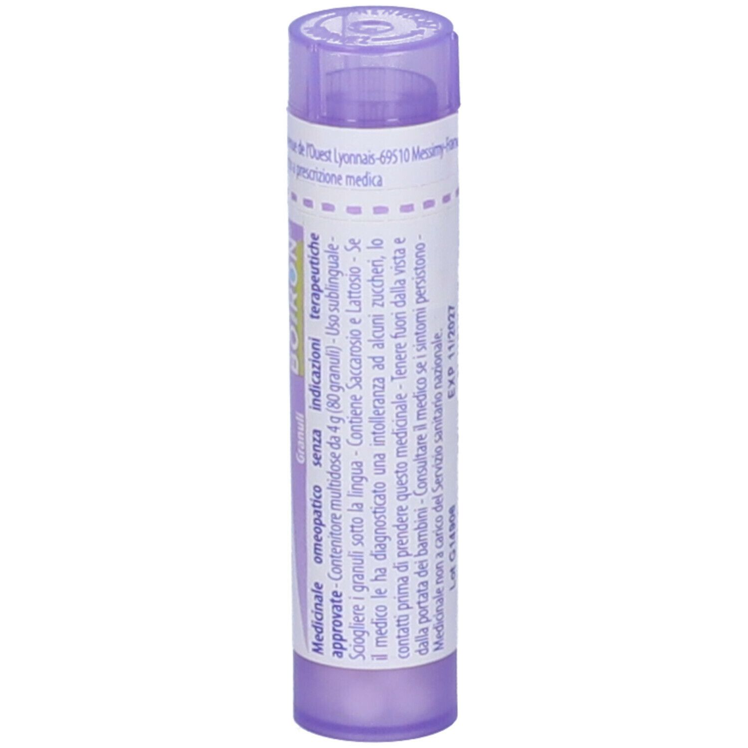 Confezione cilindrica con tappo viola. Scritta: Nux moschata 30 ch, BOIRON. Contiene granuli.