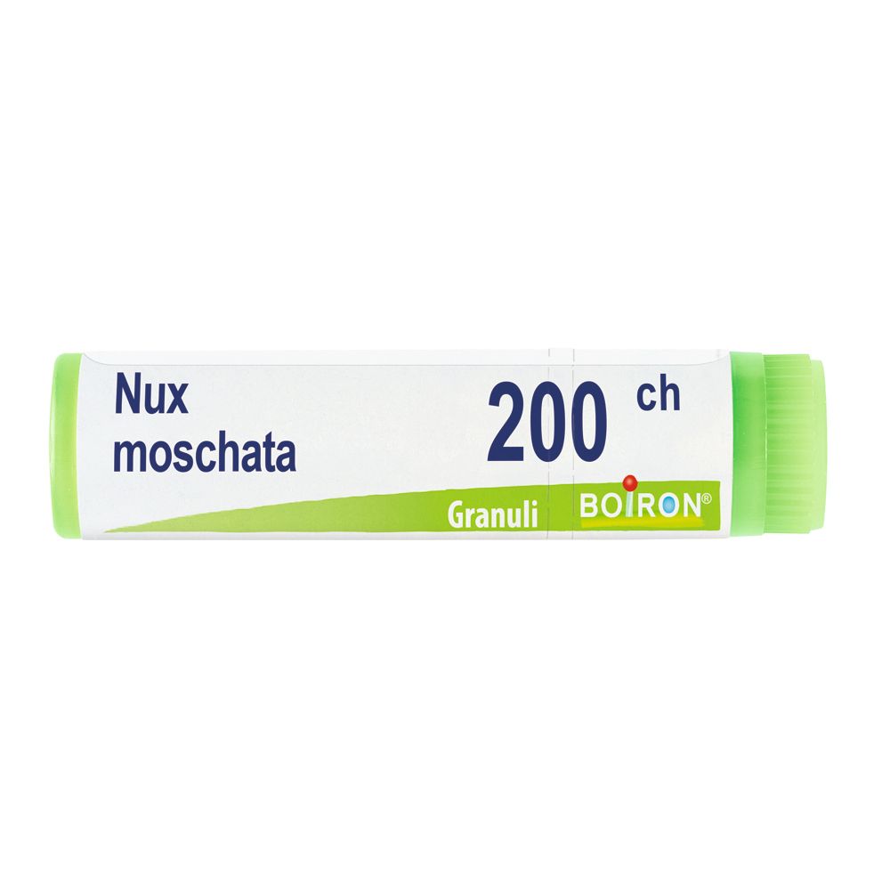 Confezione cilindrica con tappo verde. Scritta: Nux moschata, 200 ch, Granuli, BOIRON.