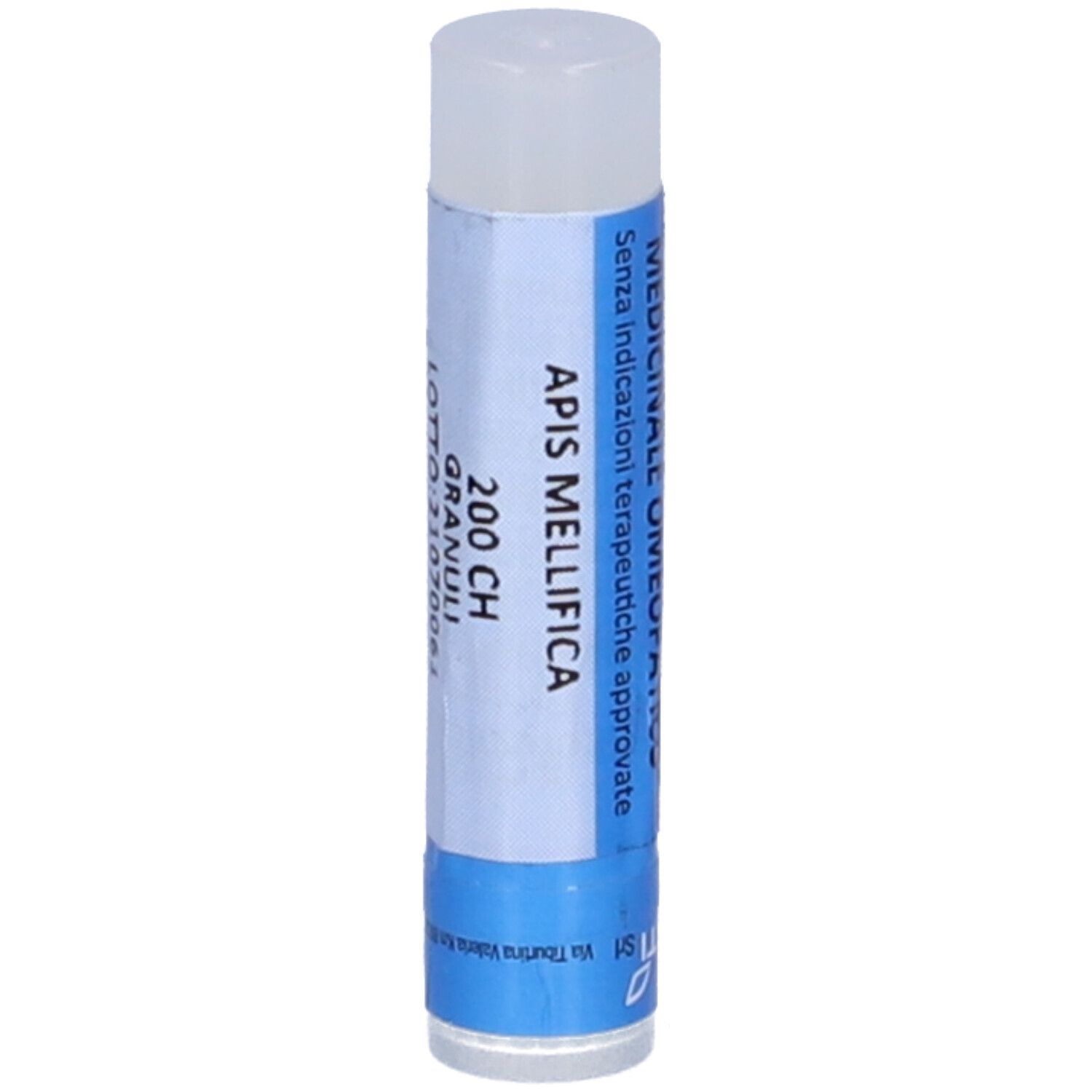 Confezione cilindrica con coperchio bianco. Scritta: Apis Mellifica 200 CH Granuli. Medicinale omeopatico.