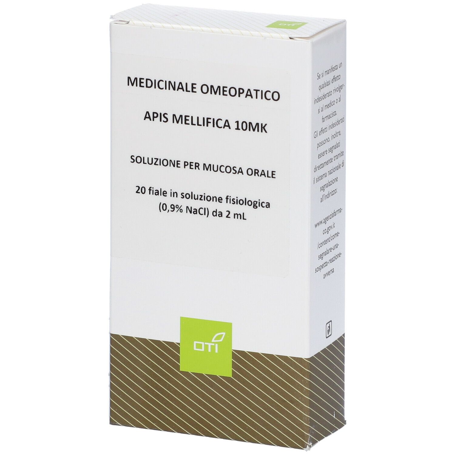 Scatola bianca con informazioni sul prodotto. Testo: Apis Mellifica 10MK, 20 fiale in soluzione fisiologica. Logo OTI.