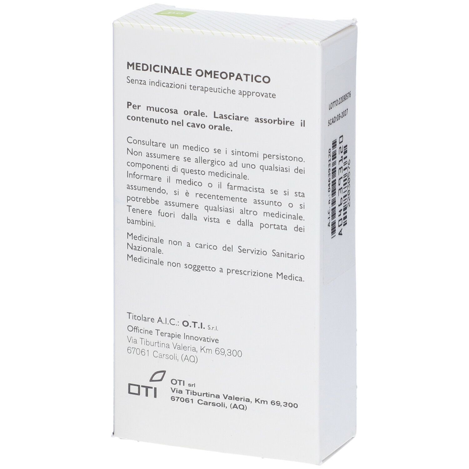 Scatola bianca con testo. Testo: Prodotto medico, istruzioni, indirizzo del produttore. Logo OTI.