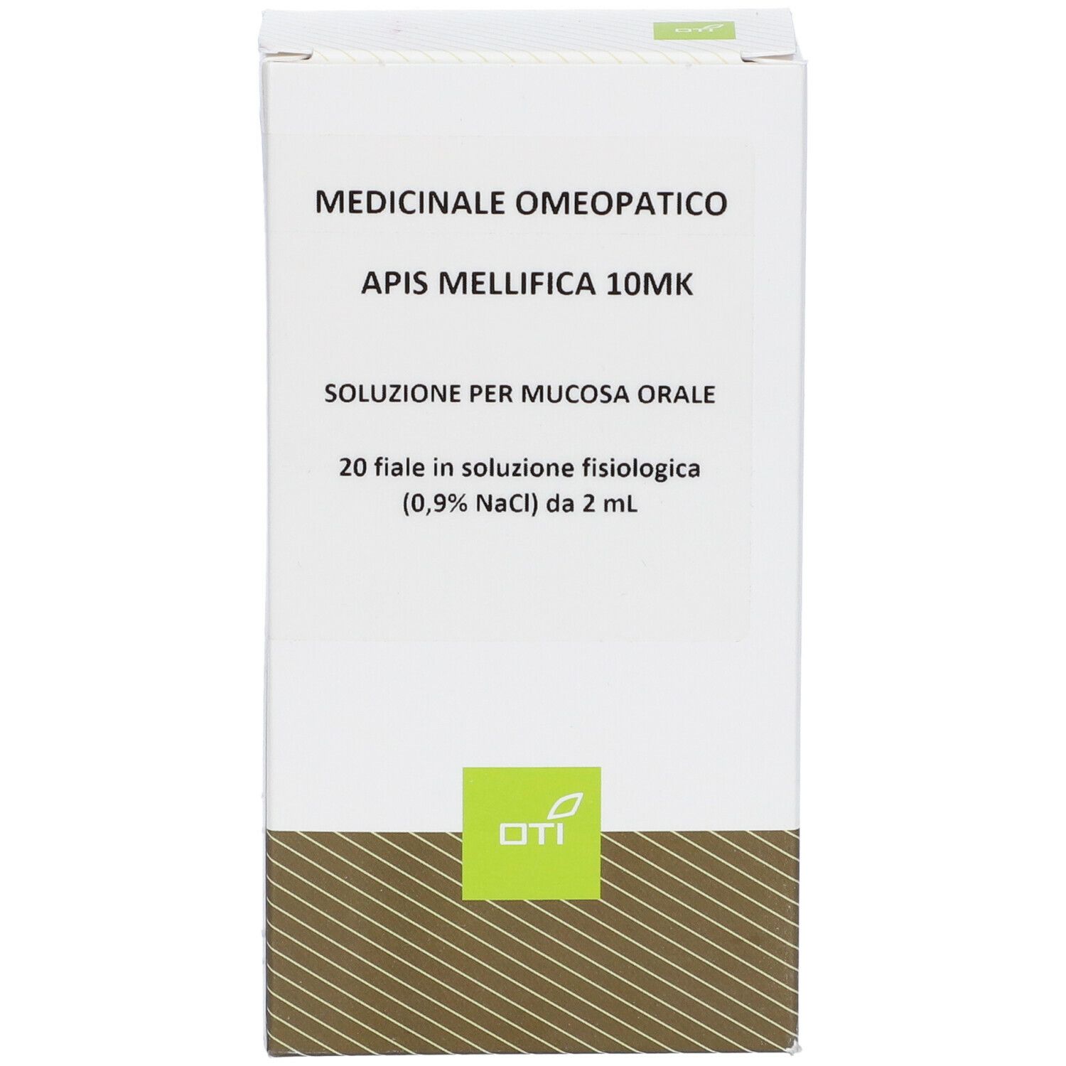 Scatola bianca con informazioni sul prodotto. Testo: Apis Mellifica 10MK, 20 fiale in soluzione fisiologica. Logo OTI.