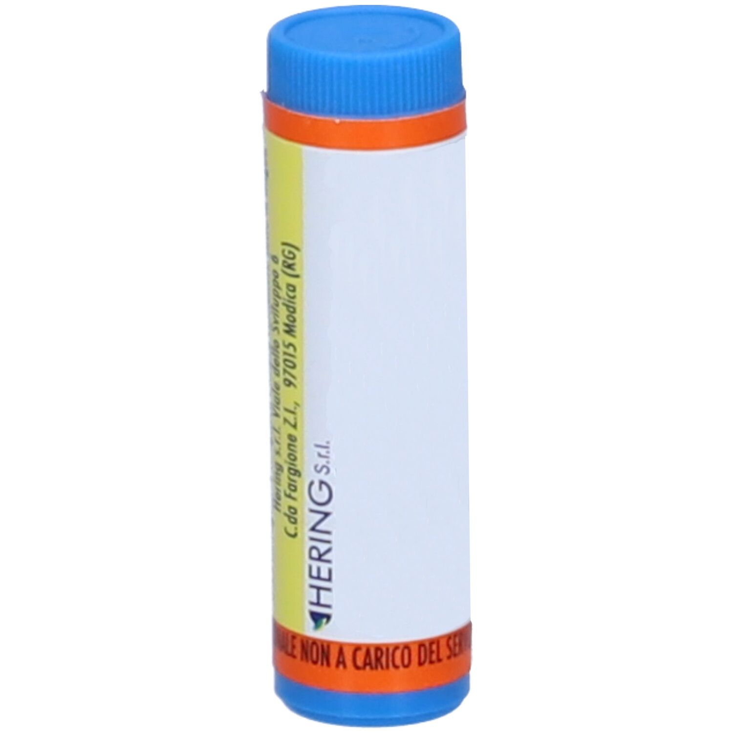 Confezione cilindrica blu e bianca. Striscia arancione. Testo: Hering s.r.l.
