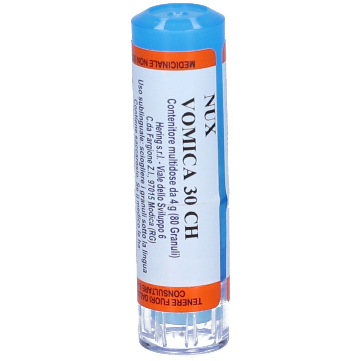 Confezione cilindrica con tappo blu. Testo: Nux Vomica 30 CH, Contenitore multidose.