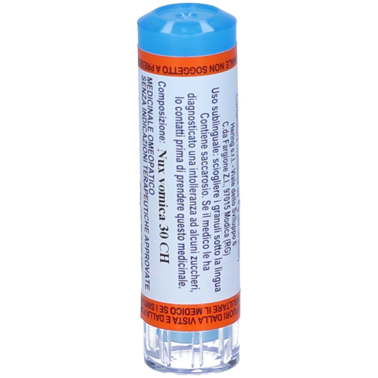 Confezione cilindrica con tappo blu. Testo: Nux Vomica 30 CH, Composizione: Nux Vomica.
