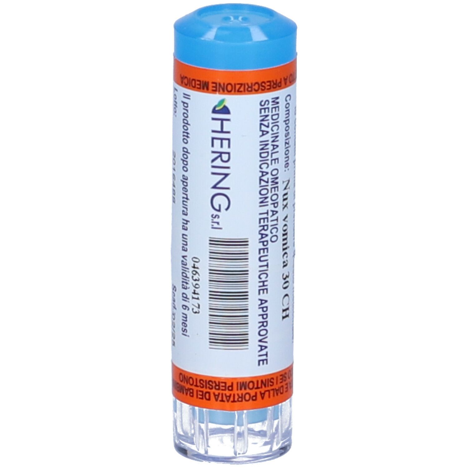 Confezione cilindrica con tappo blu. Testo: Hering, Nux Vomica 30 CH, Codice.