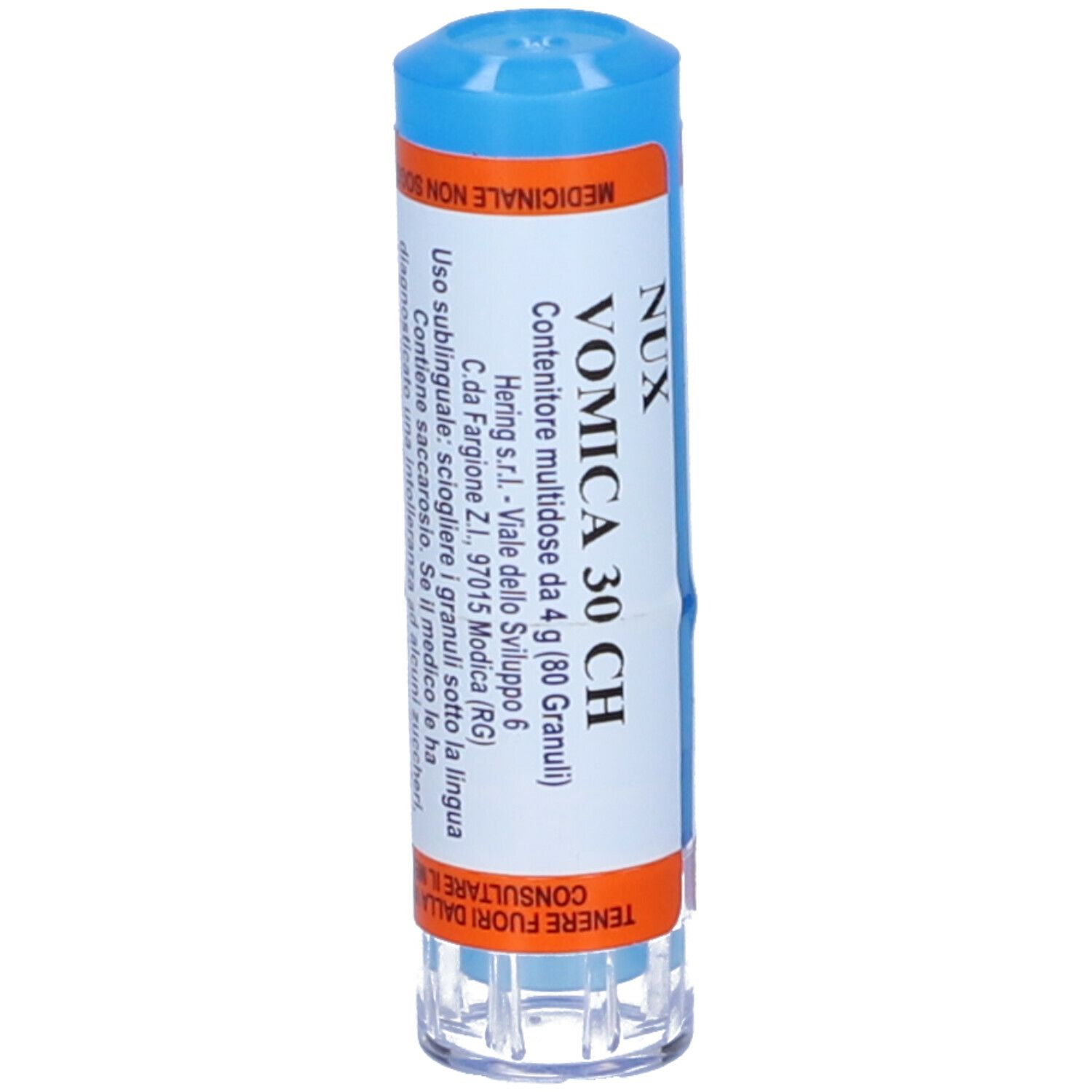 Confezione cilindrica con tappo blu. Testo: Nux Vomica 30 CH, Contenitore multidose.