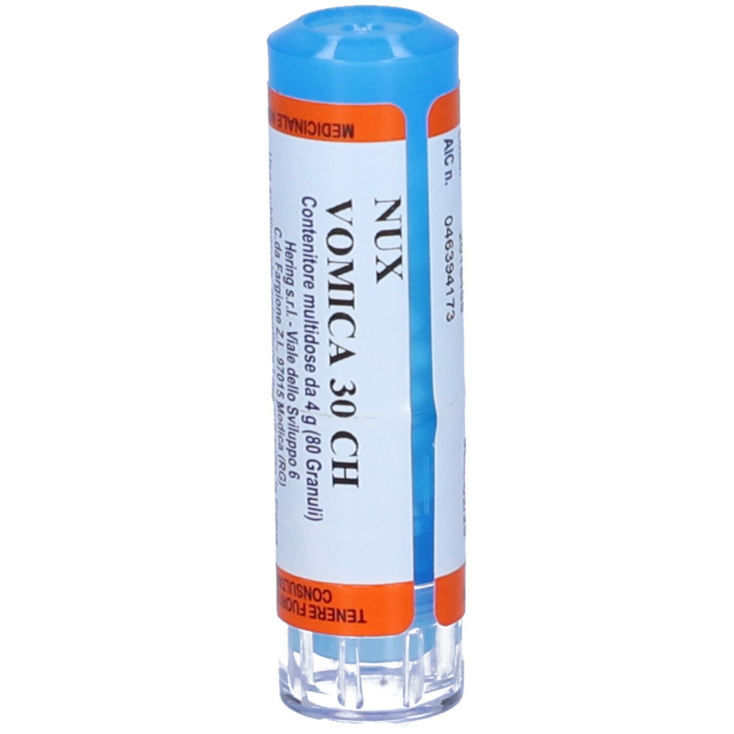 Confezione cilindrica con tappo blu. Testo: Nux Vomica 30 CH, AIC n. 046394173.