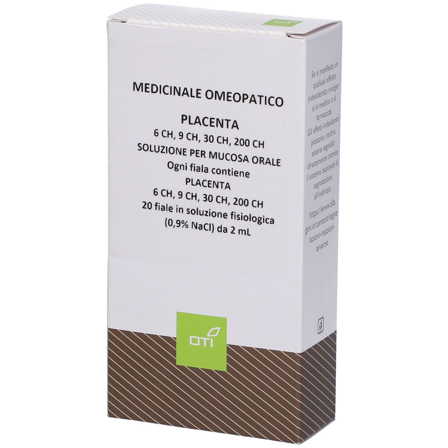 Scatola bianca con informazioni prodotto. OTI Placenta, 6 CH, 9 CH, 30 CH, 200 CH. Logo OTI.