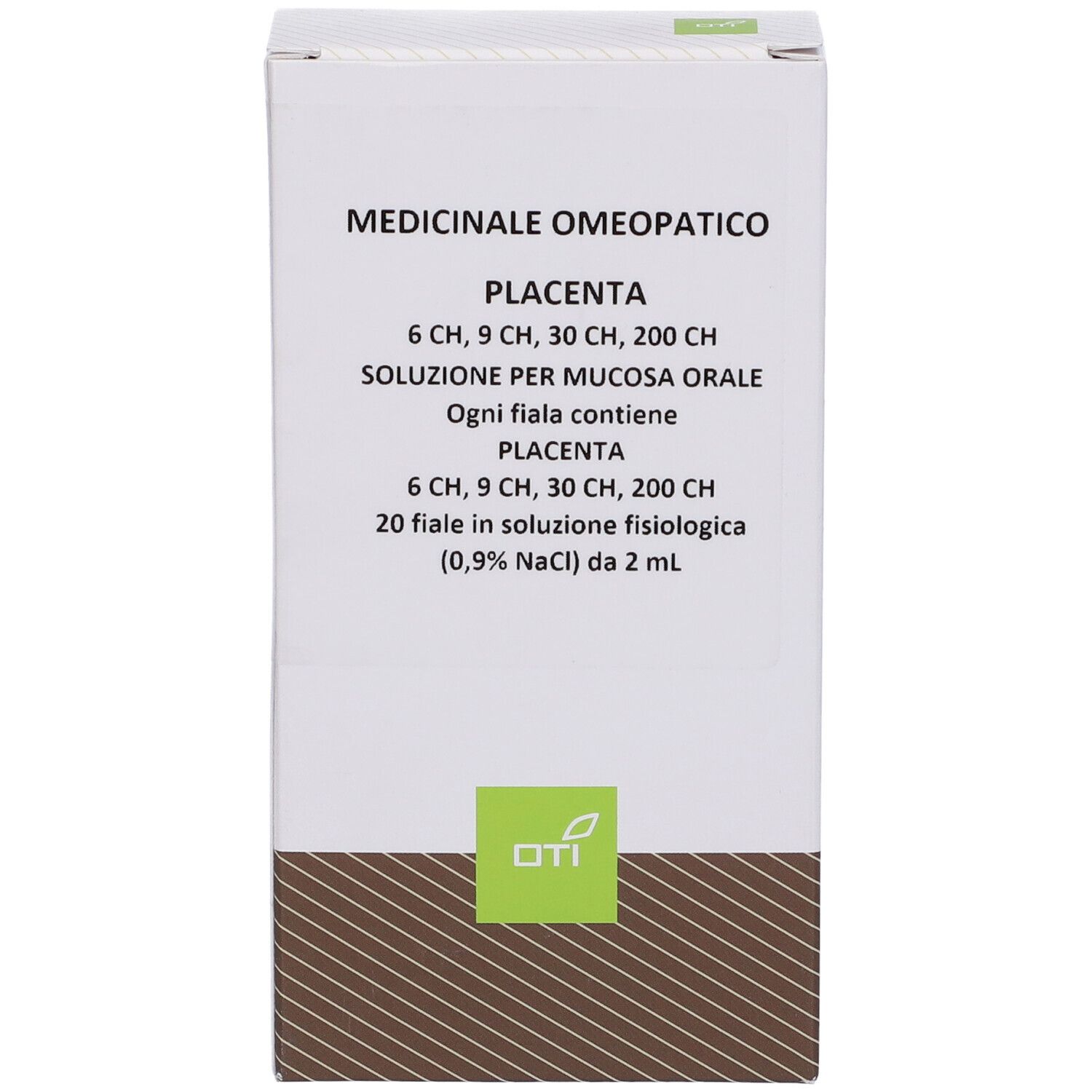 Scatola bianca con informazioni prodotto. OTI Placenta, 6 CH, 9 CH, 30 CH, 200 CH. Logo OTI.
