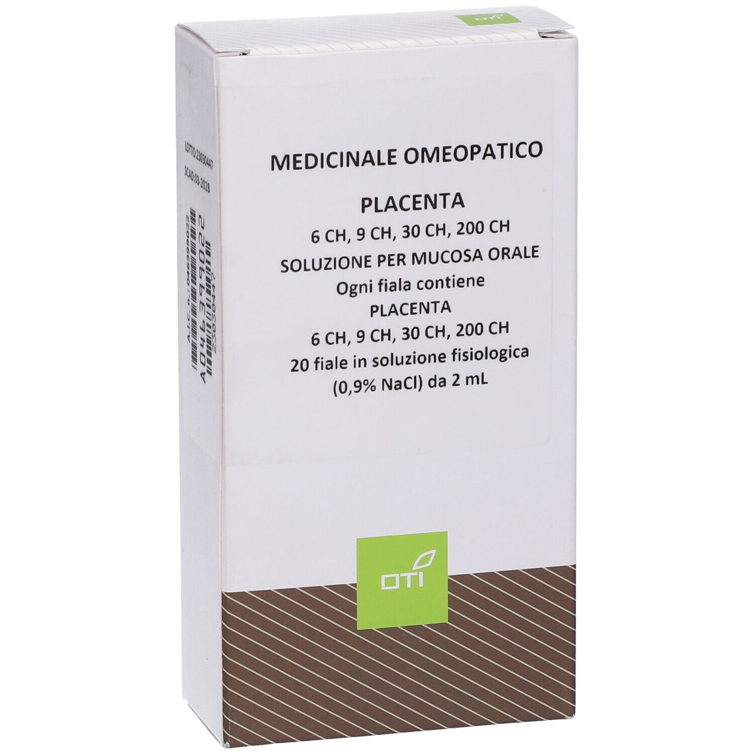 Scatola bianca con informazioni prodotto. OTI Placenta, 6 CH, 9 CH, 30 CH, 200 CH. Logo OTI.