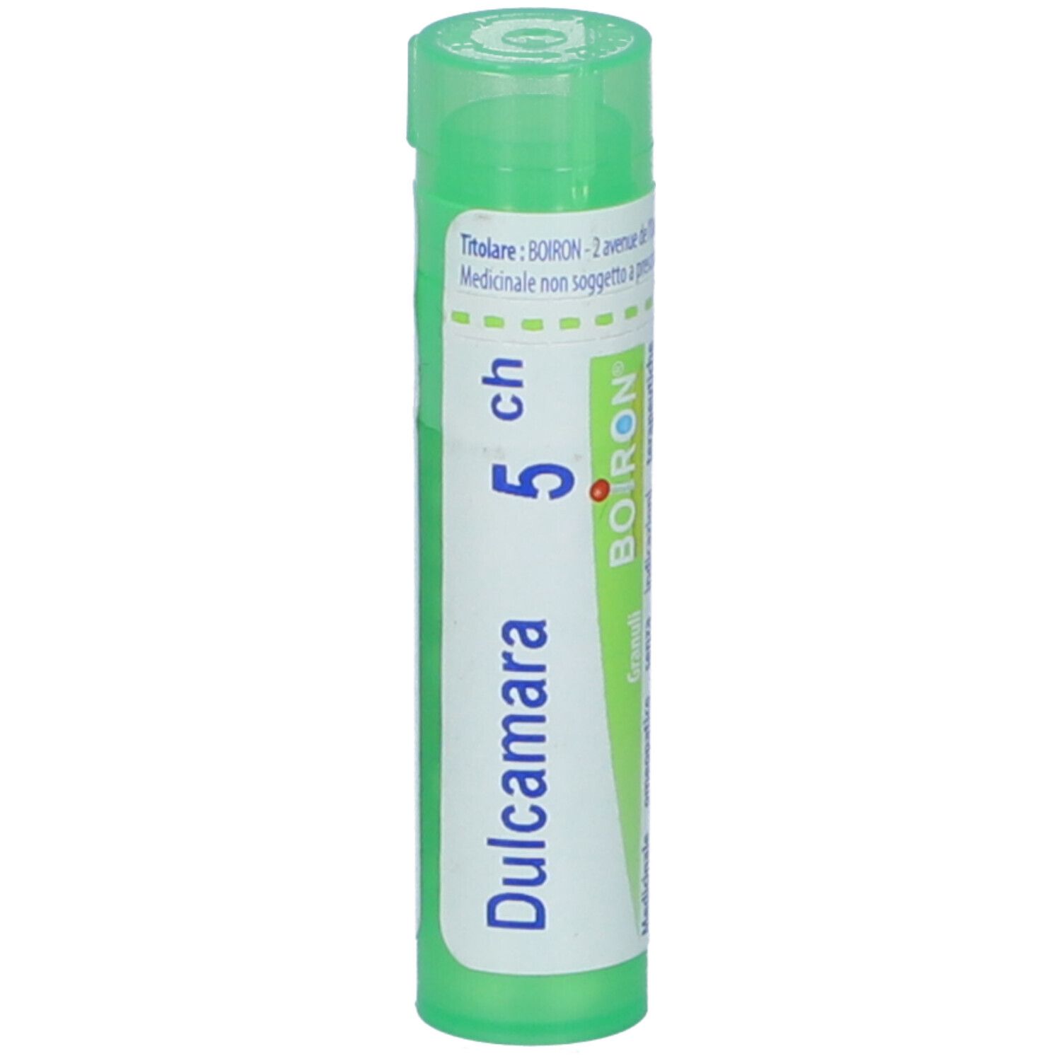 Confezione cilindrica verde. Scritta: Dulcamara, 5 ch, BOIRON. Tappo verde. Testo e logo.