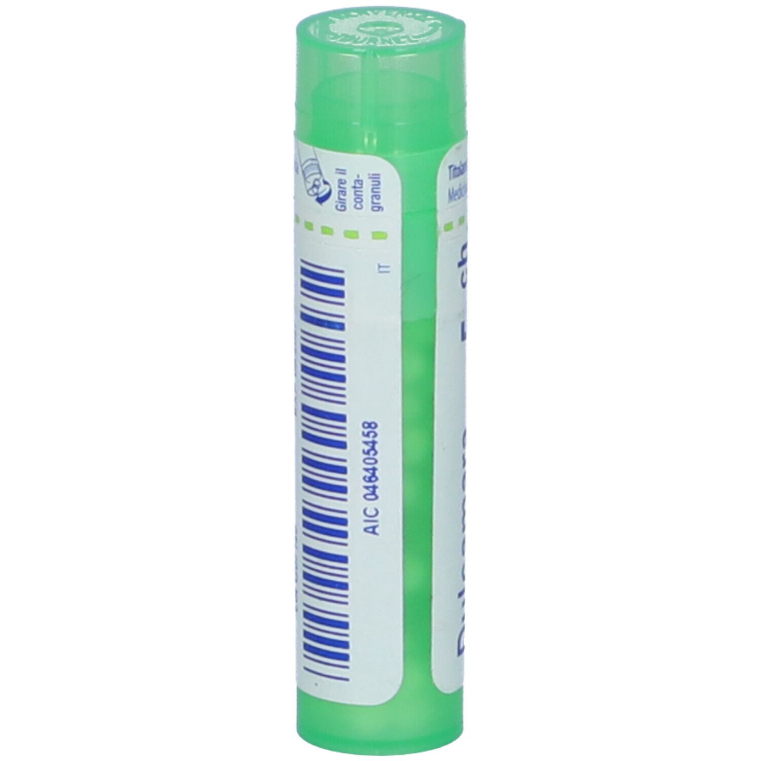 Confezione cilindrica verde. Scritta: AIC 046405458, IT. Codice a barre. Tappo verde.