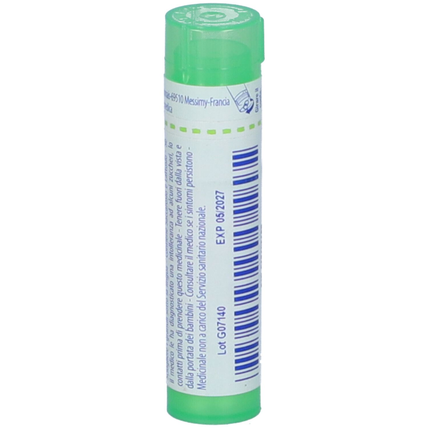Confezione cilindrica verde. Scritta: EXP 05/2027, Lot G07140. Tappo verde.