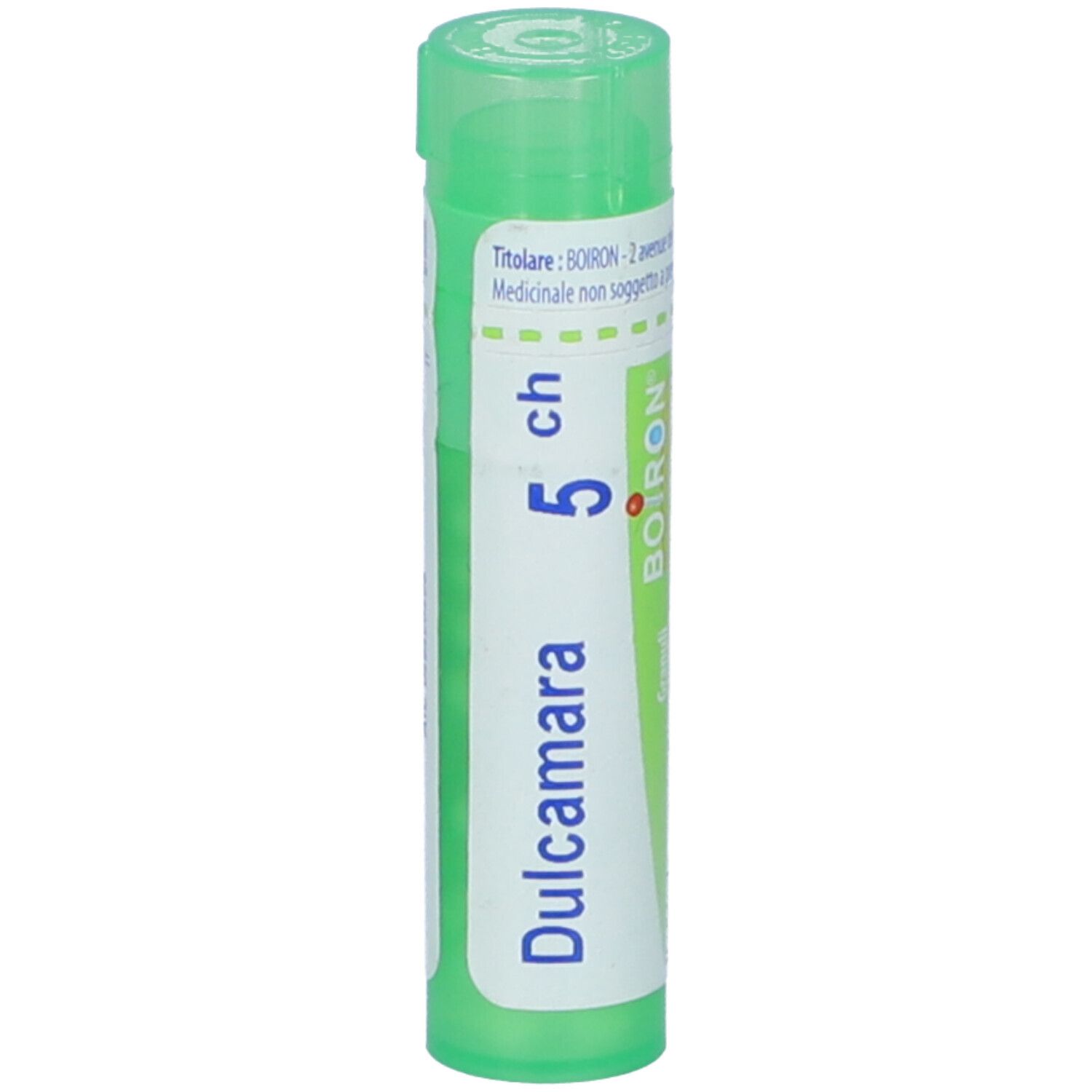 Confezione cilindrica verde. Scritta: Dulcamara, 5 ch, BOIRON. Tappo verde.