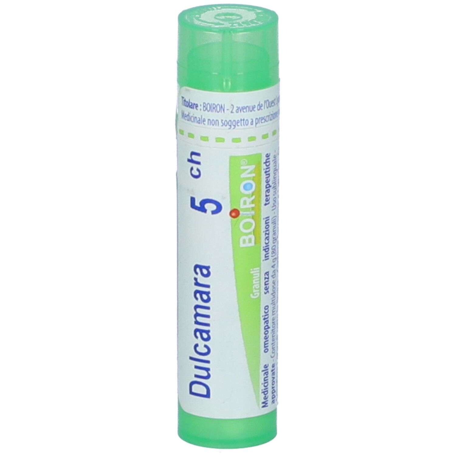 Confezione cilindrica verde. Scritta: Dulcamara, 5 ch, BOIRON. Tappo verde. Testo.