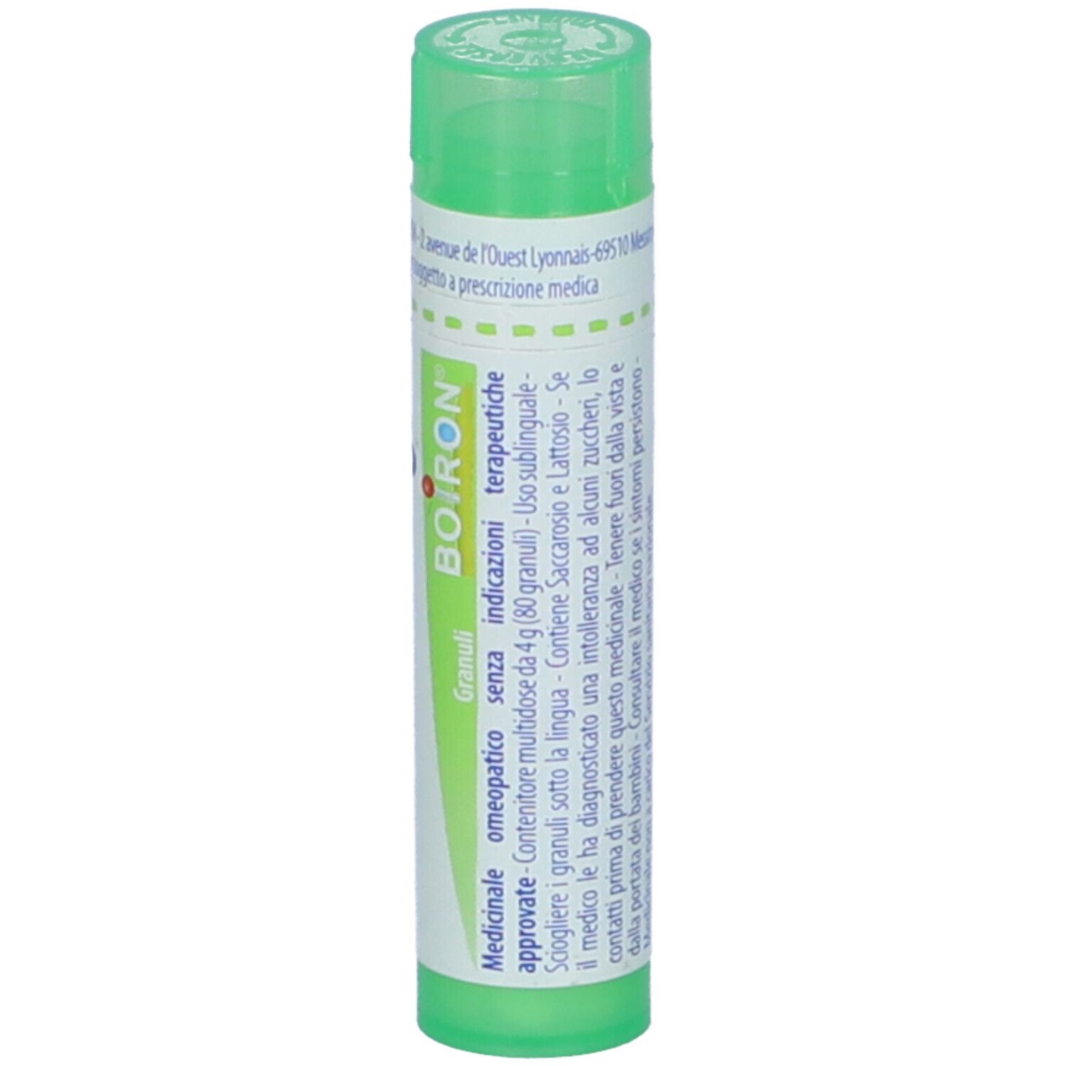Confezione cilindrica verde. Scritta: Granuli, BOIRON. Testo. Tappo verde.