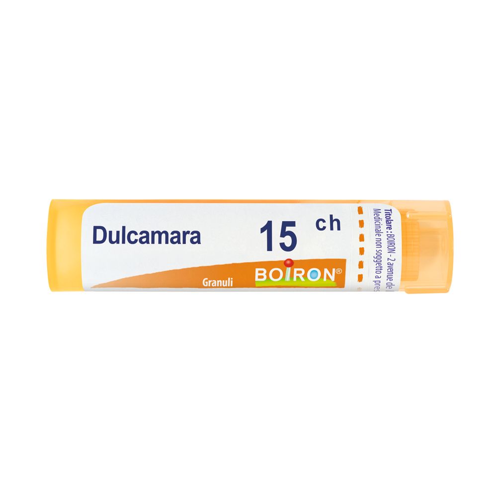 Confezione cilindrica con scritta Dulcamara 15 ch, Granuli e logo BOIRON.