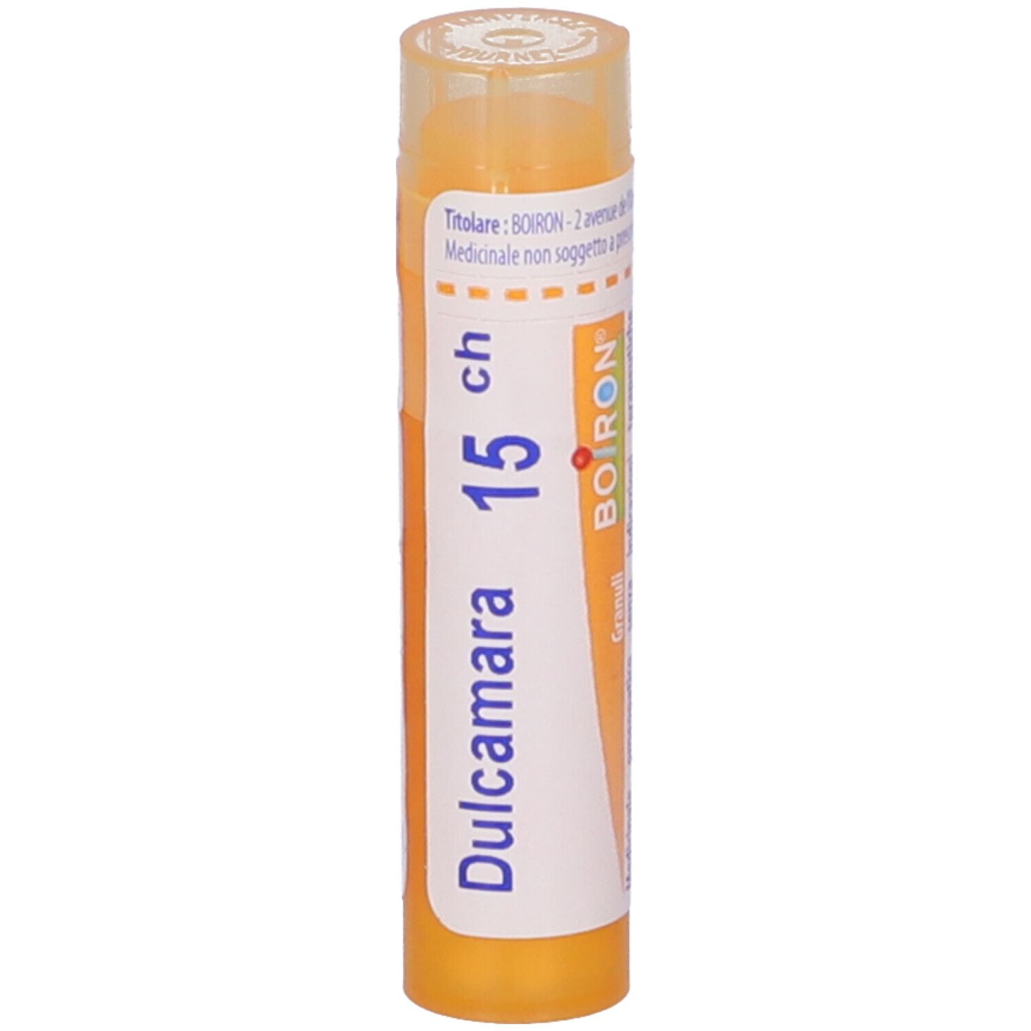 Confezione cilindrica con scritta Dulcamara 15 ch e logo BOIRON. Coperchio giallo.