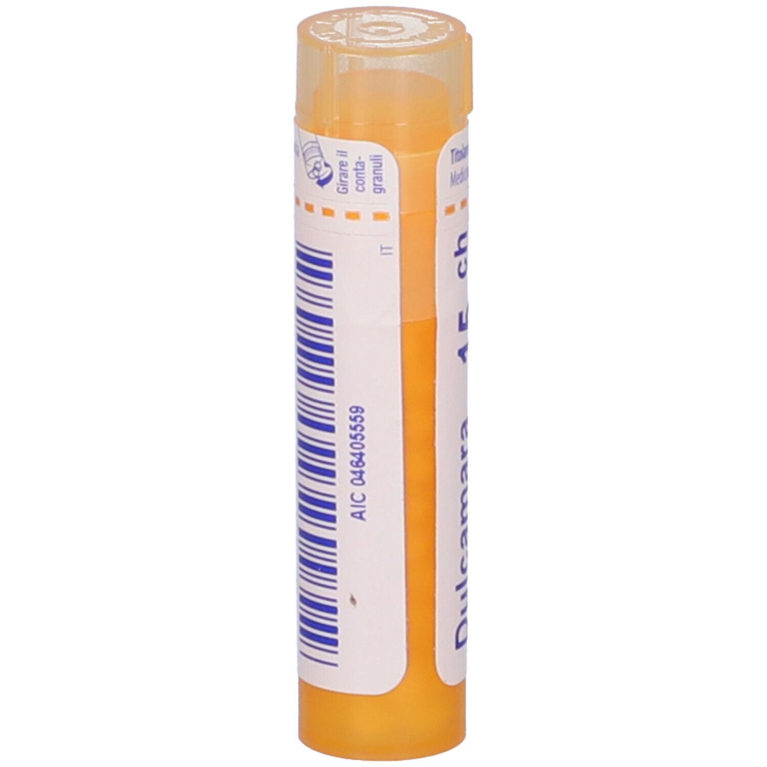 Confezione cilindrica con codice a barre e scritta. Coperchio giallo.