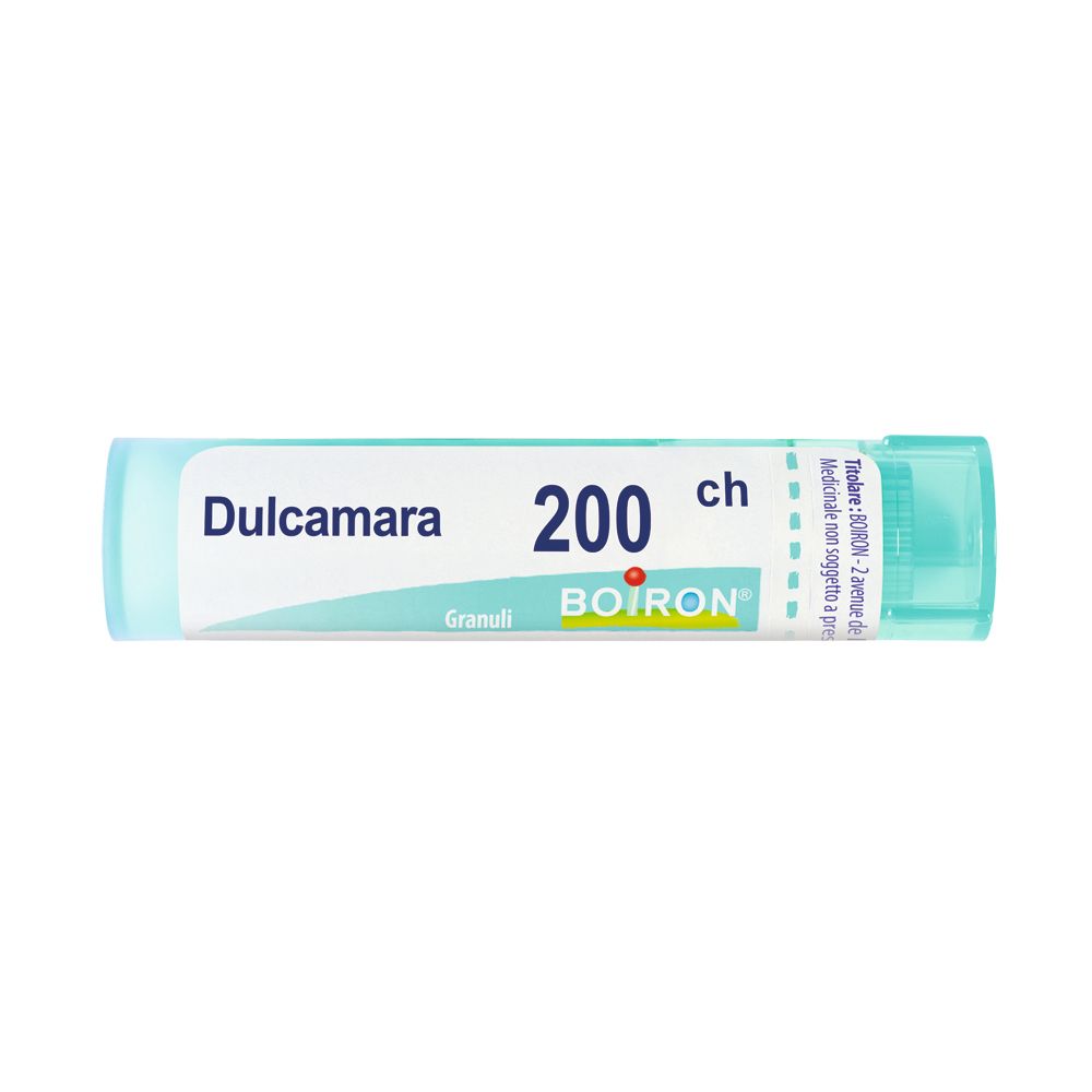 Confezione cilindrica con "Dulcamara 200 ch" e logo BOIRON. Design turchese e bianco.
