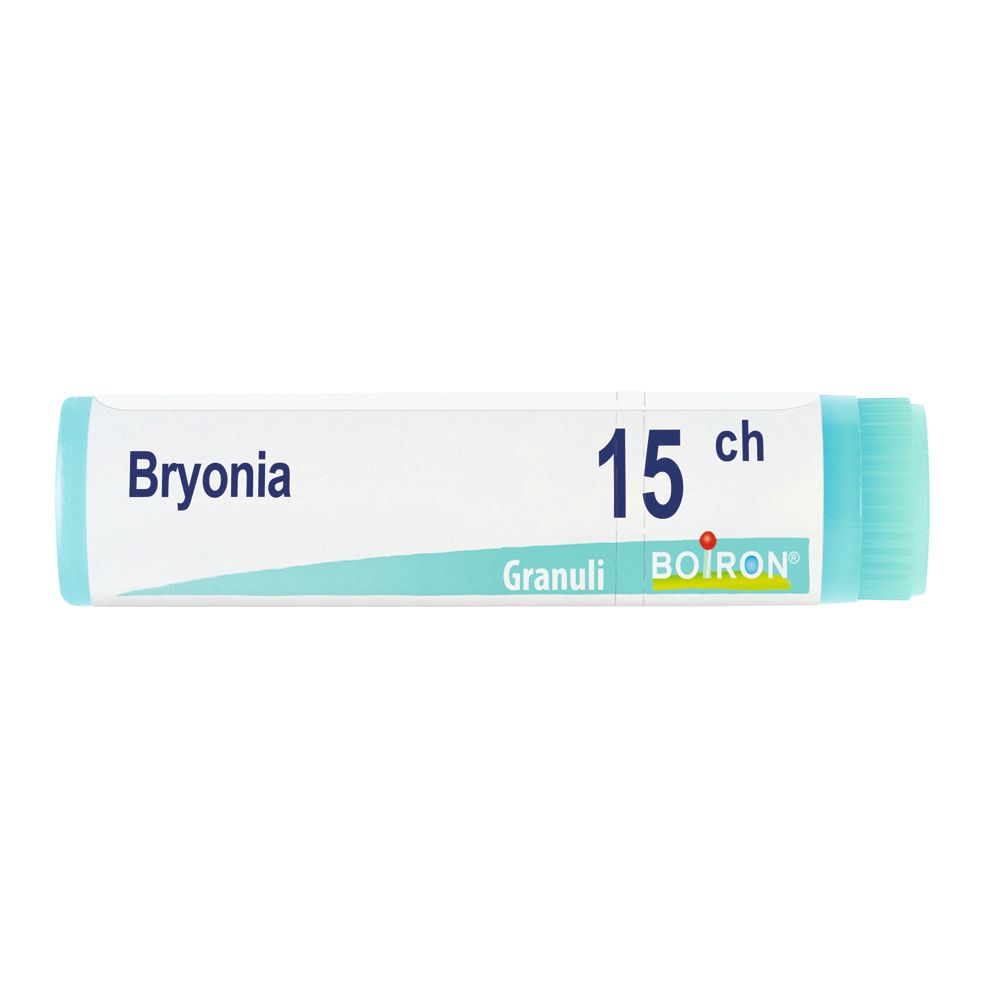 Confezione cilindrica 'Bryonia 15 ch' e 'BOIRON'. Tappo e estremità turchesi. Scritta 'Granuli'.