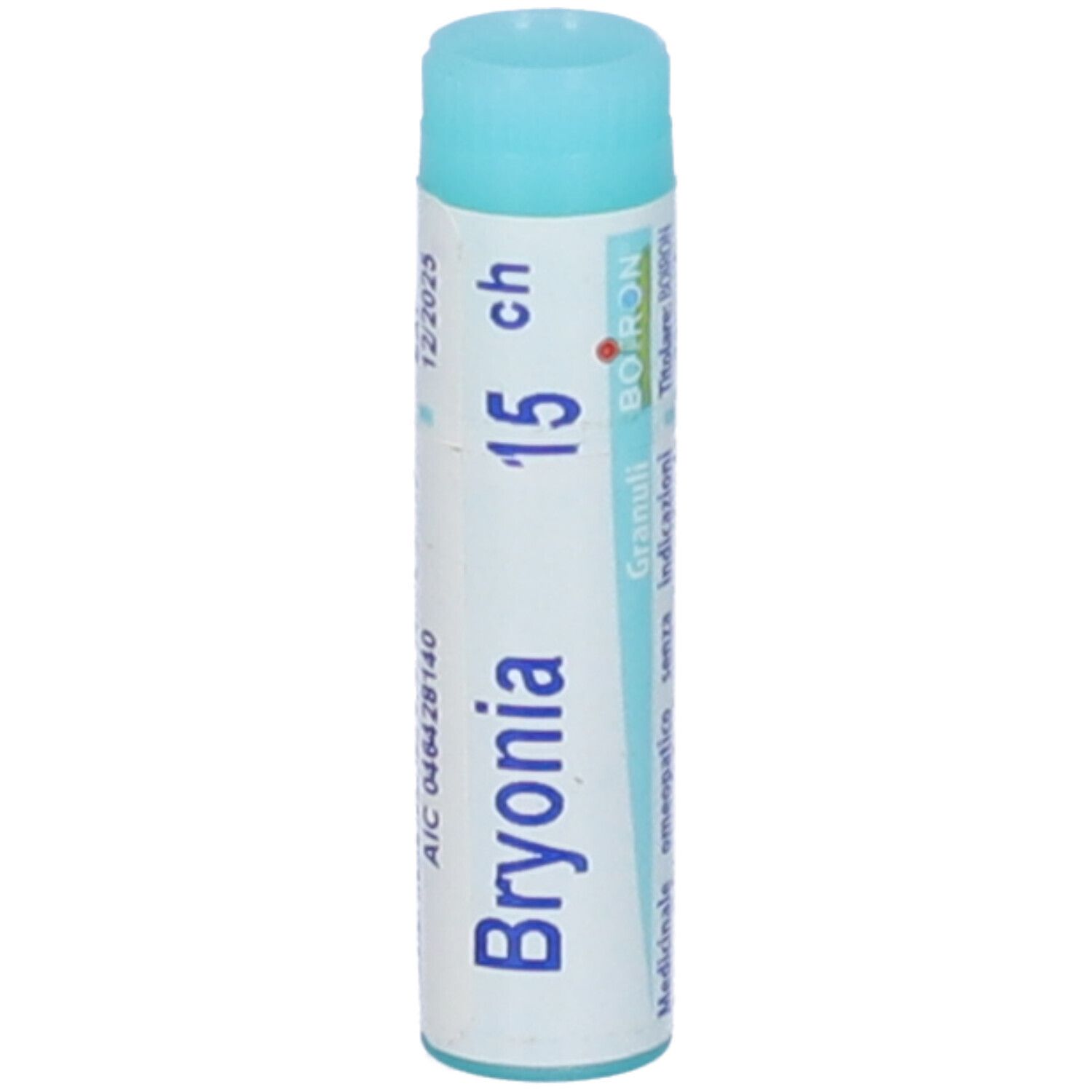 Confezione cilindrica 'Bryonia 15 ch'. Tappo turchese. Scritte '12/2025' e 'BOIRON'.