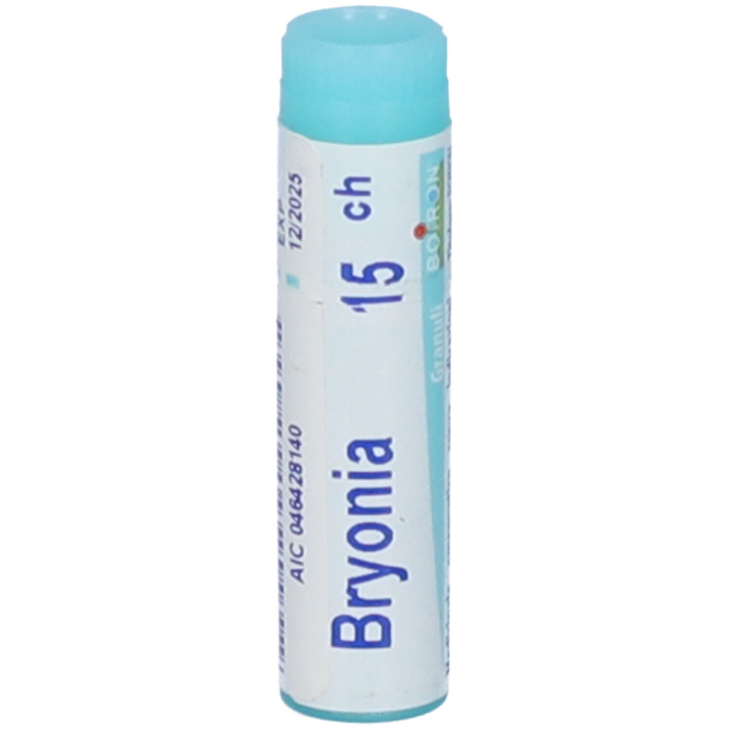 Confezione cilindrica 'Bryonia 15 ch'. Tappo turchese. Scritte '12/2025' e 'BOIRON'.