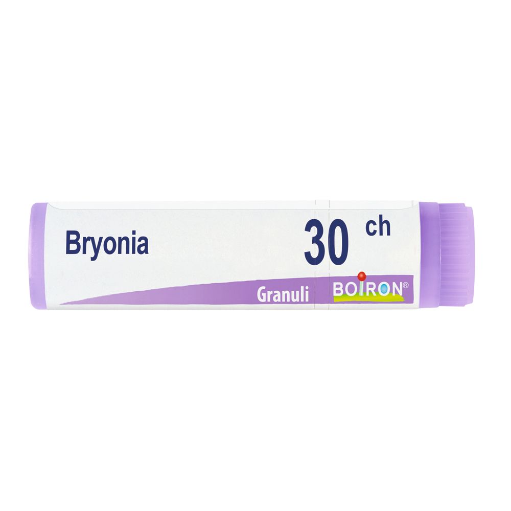 Confezione cilindrica con "Bryonia 30 ch Granuli". Marchio BOIRON® visibile. Tappo viola.