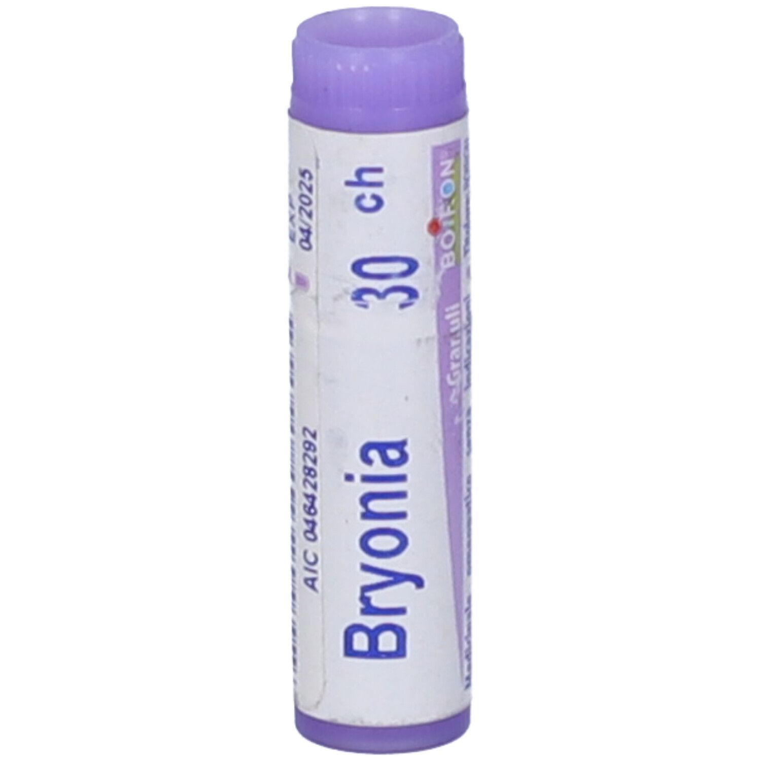 Tubo con "Bryonia 30 ch". Scadenza 04/2025. Marchio BOIRON® visibile.