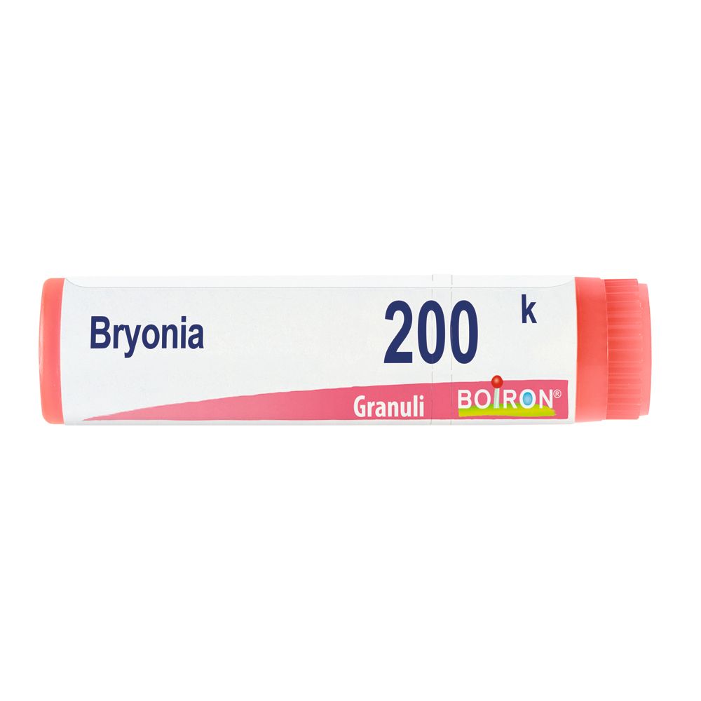 Confezione cilindrica con tappo rosso. Scritta: Bryonia, 200 K, Granuli, BOIRON.