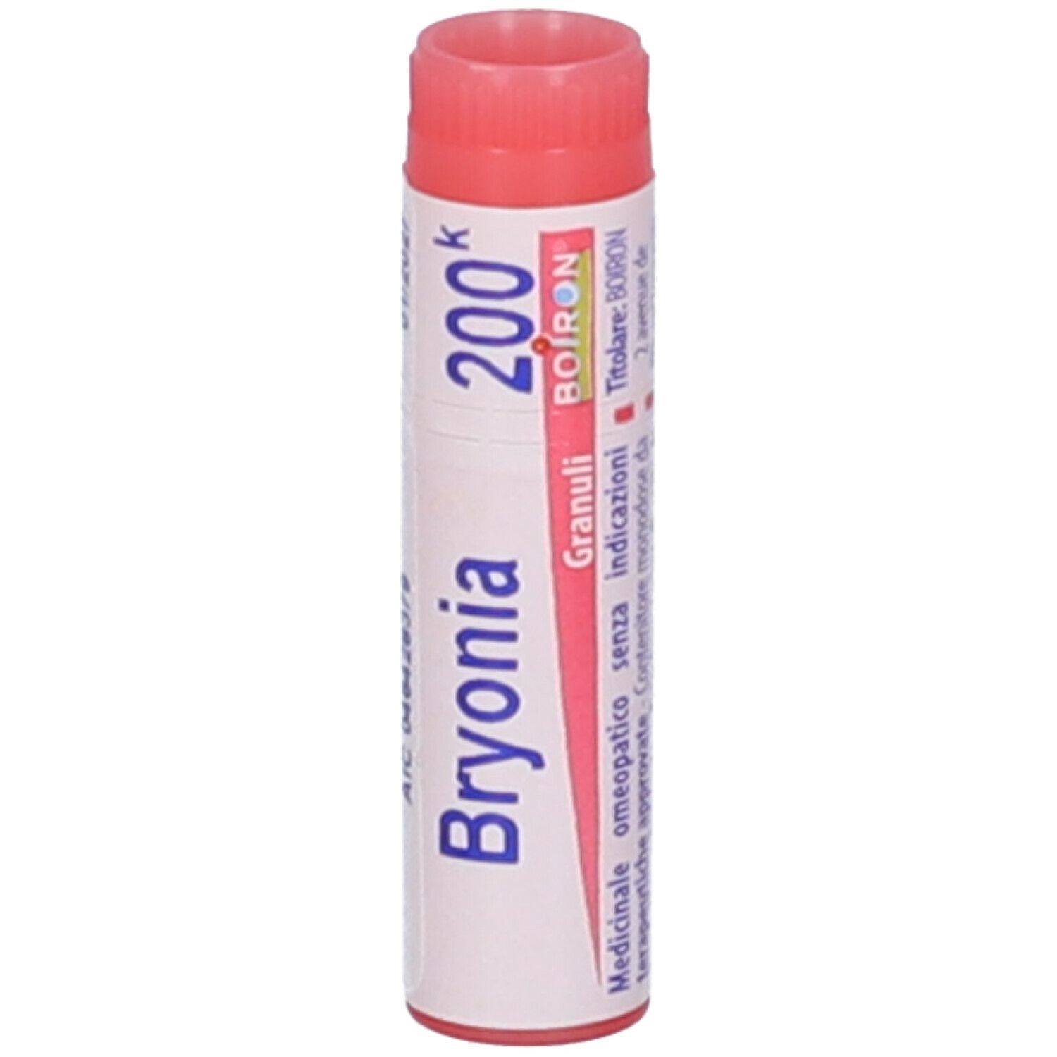Confezione cilindrica, tappo rosso. Scritta: Bryonia 200k, Granuli, BOIRON. Etichetta informativa.