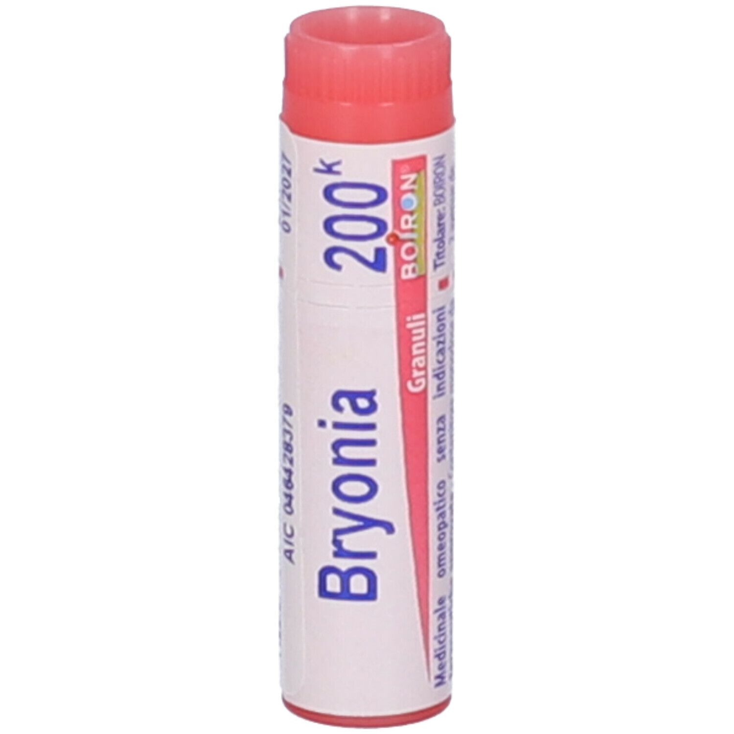 Confezione cilindrica, tappo rosso. Scritta: Bryonia 200k, BOIRON. Informazioni e codice a barre.